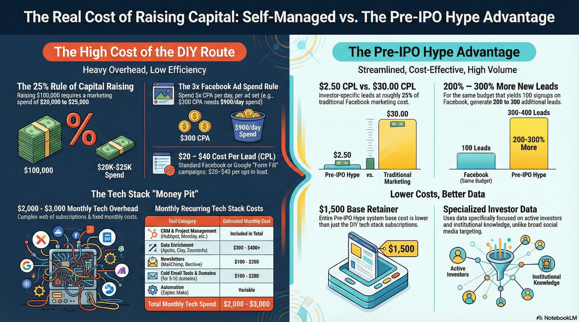 Cost comparison: self-managed fundraising versus the Pre-IPO Hype platform